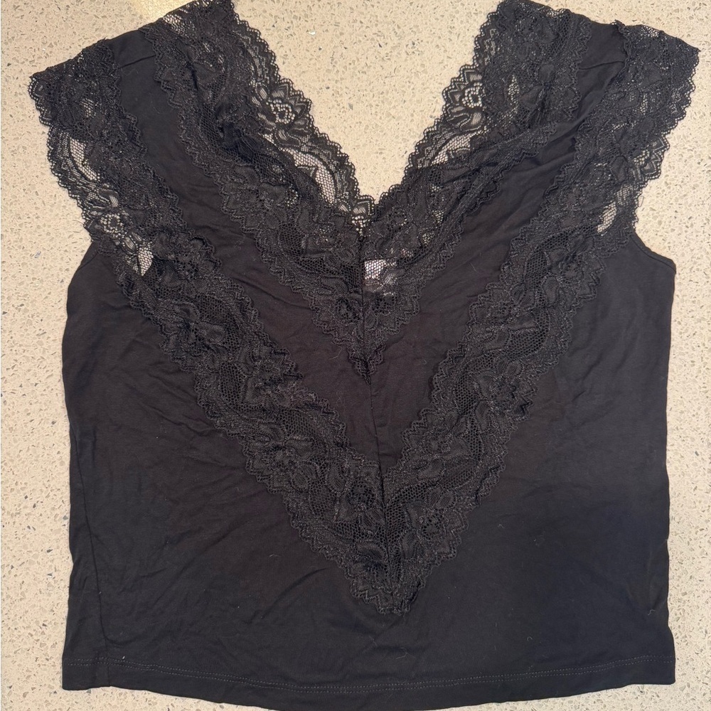 VENUS Black Double V Neck Lace Top | Medium